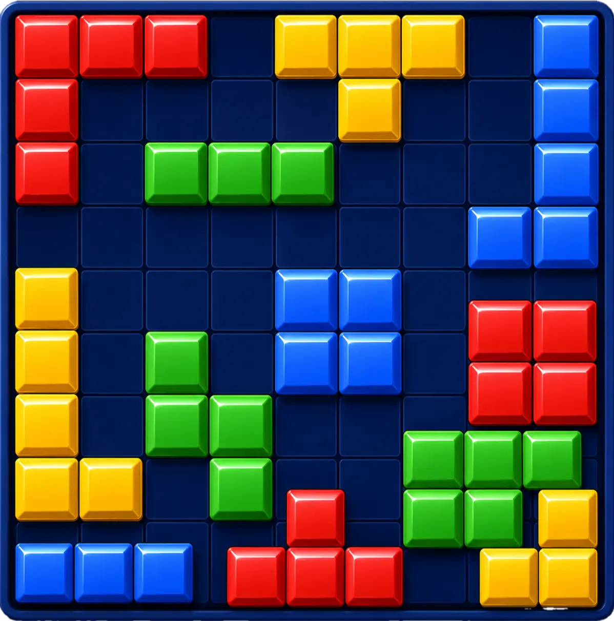 Colorful red, yellow, green and blue 3D blocks arranged in a Block Blast puzzle layout